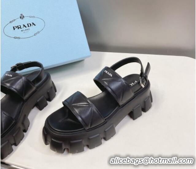 Pretty Style Prada Leather Platform Sandals 5.5cm Black 612203