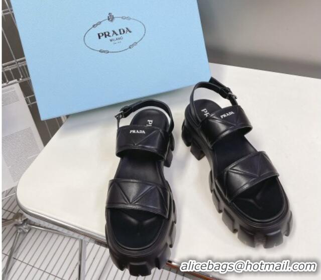 Pretty Style Prada Leather Platform Sandals 5.5cm Black 612203