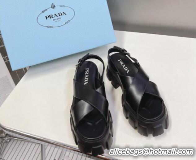 Best Price Prada Leather Platform Sandals 5.5cm Black 612205