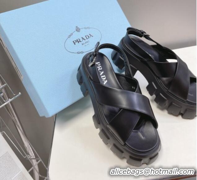 Best Price Prada Leather Platform Sandals 5.5cm Black 612205