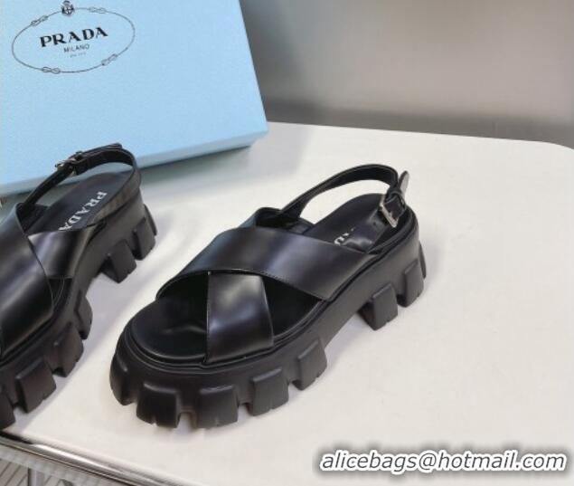 Best Price Prada Leather Platform Sandals 5.5cm Black 612205