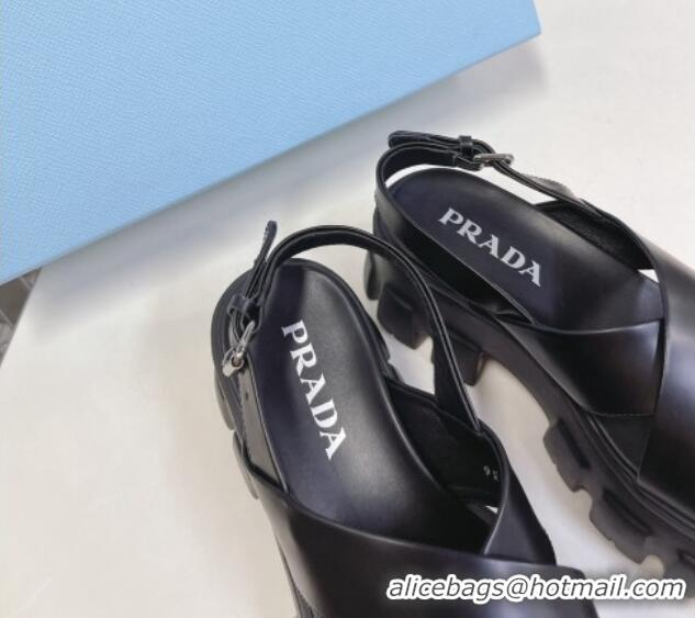 Best Price Prada Leather Platform Sandals 5.5cm Black 612205