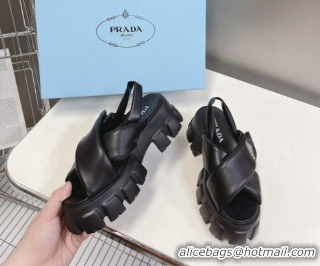 Super Quality Prada Monolith Padded Nappa Leather Sandals 5.5cm Black 1X123N