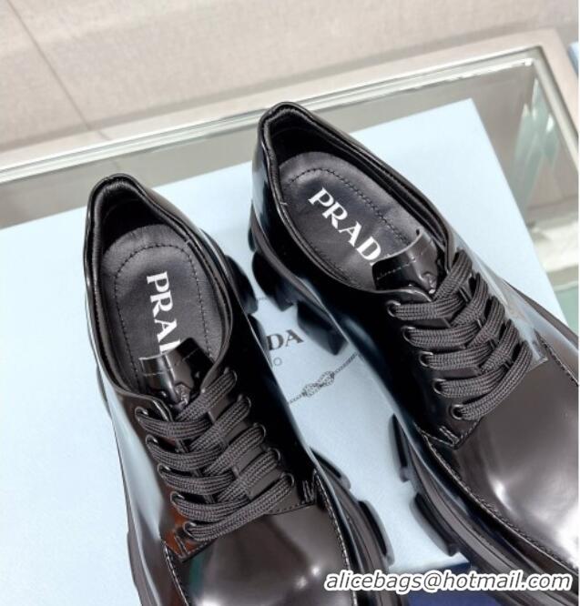 Most Popular Prada Monolith Brushed Leather Pointed Lace-up Shoes Black 612211