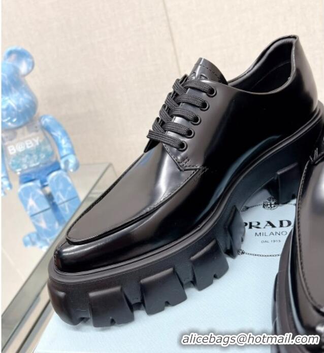 Most Popular Prada Monolith Brushed Leather Pointed Lace-up Shoes Black 612211