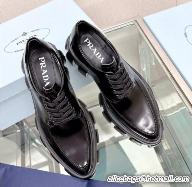 Most Popular Prada Monolith Brushed Leather Pointed Lace-up Shoes Black 612211