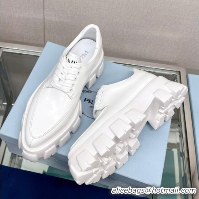 Good Quality Prada Monolith Brushed Leather Pointed Lace-up Shoes White 612212