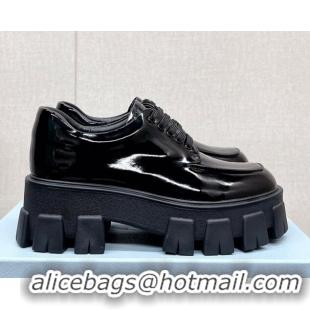 Best Grade Prada Monolith Patent Leather Lace-up Shoes Black 612214