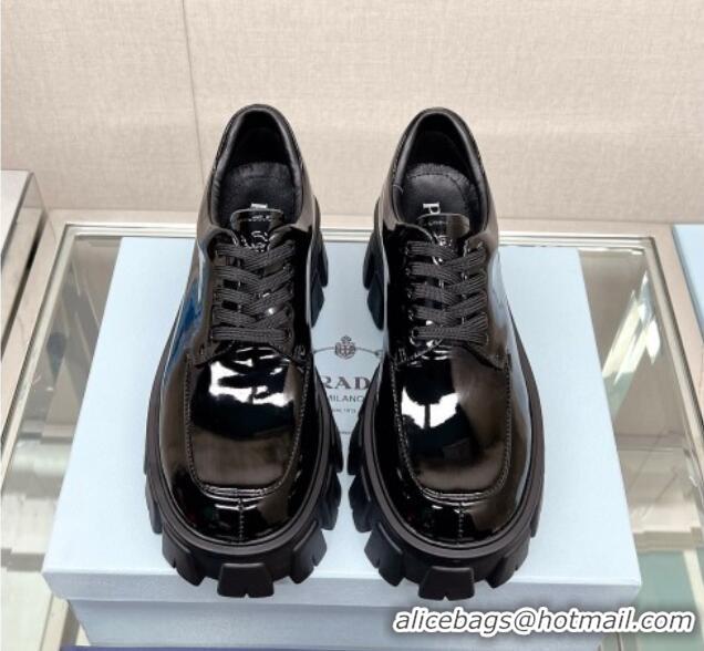 Best Grade Prada Monolith Patent Leather Lace-up Shoes Black 612214