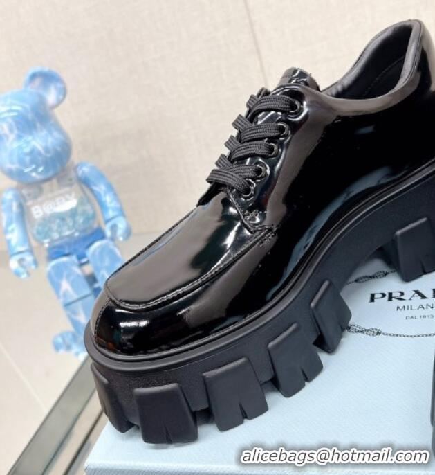 Best Grade Prada Monolith Patent Leather Lace-up Shoes Black 612214