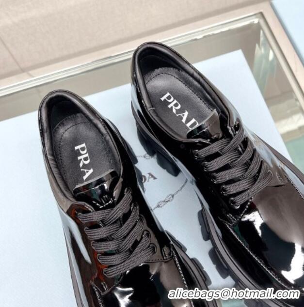 Best Grade Prada Monolith Patent Leather Lace-up Shoes Black 612214