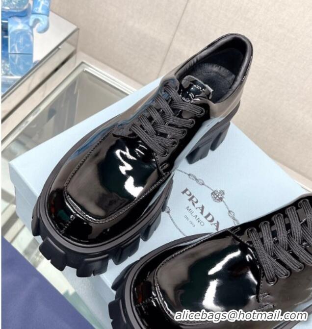 Best Grade Prada Monolith Patent Leather Lace-up Shoes Black 612214