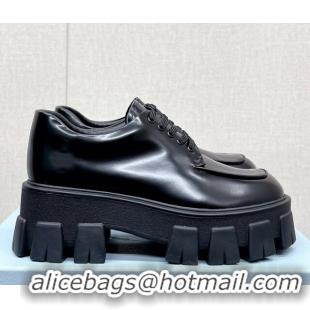 Classic Hot Prada Monolith Brushed Leather Lace-up Shoes Black 612215