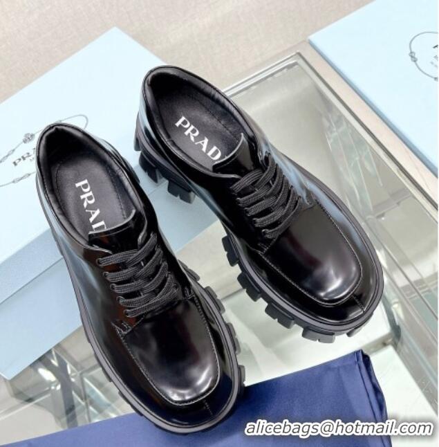 Classic Hot Prada Monolith Brushed Leather Lace-up Shoes Black 612215