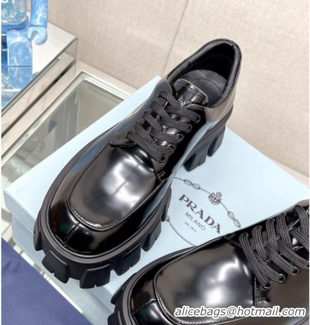 Classic Hot Prada Monolith Brushed Leather Lace-up Shoes Black 612215