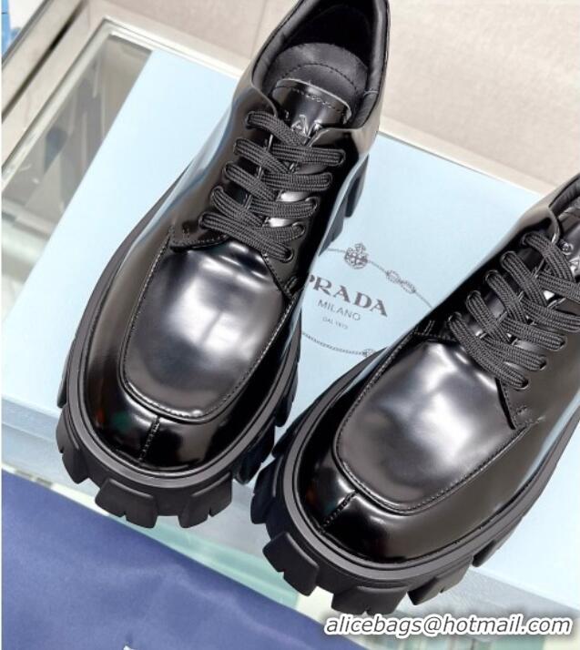 Classic Hot Prada Monolith Brushed Leather Lace-up Shoes Black 612215