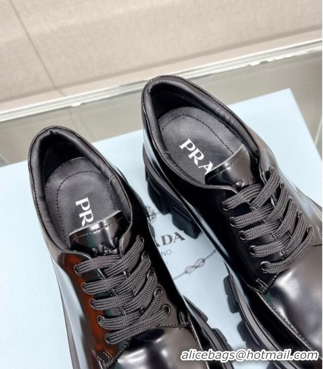 Classic Hot Prada Monolith Brushed Leather Lace-up Shoes Black 612215