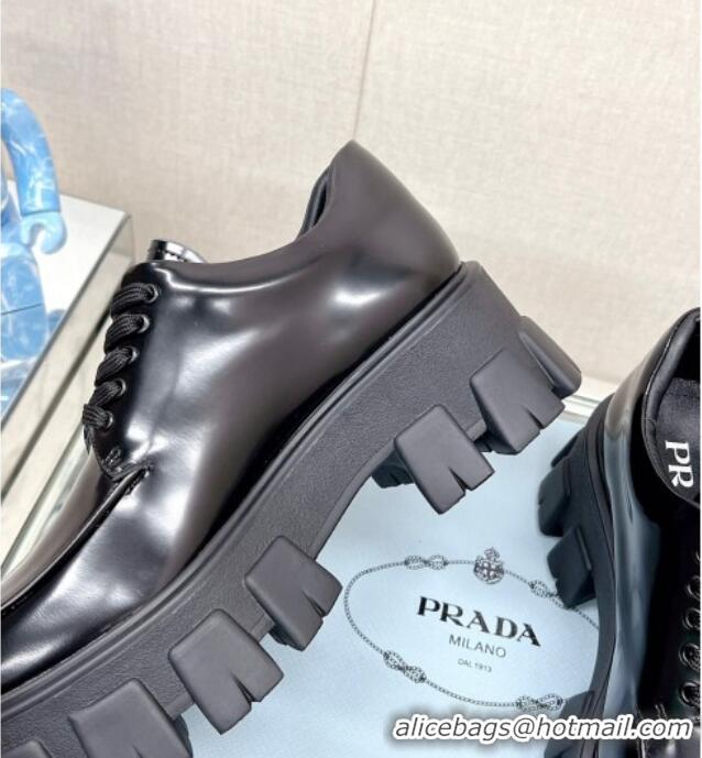 Classic Hot Prada Monolith Brushed Leather Lace-up Shoes Black 612215