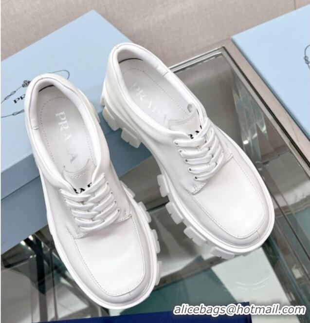 Unique Style Prada Monolith Brushed Leather Lace-up Shoes White 612216