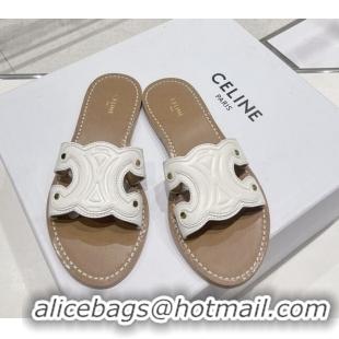 Top Grade Celine Triomphe Leather Flat Slide Sandals White 022210