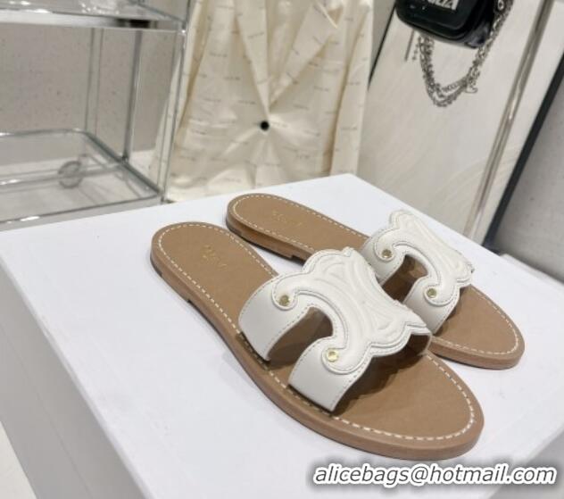 Top Grade Celine Triomphe Leather Flat Slide Sandals White 022210