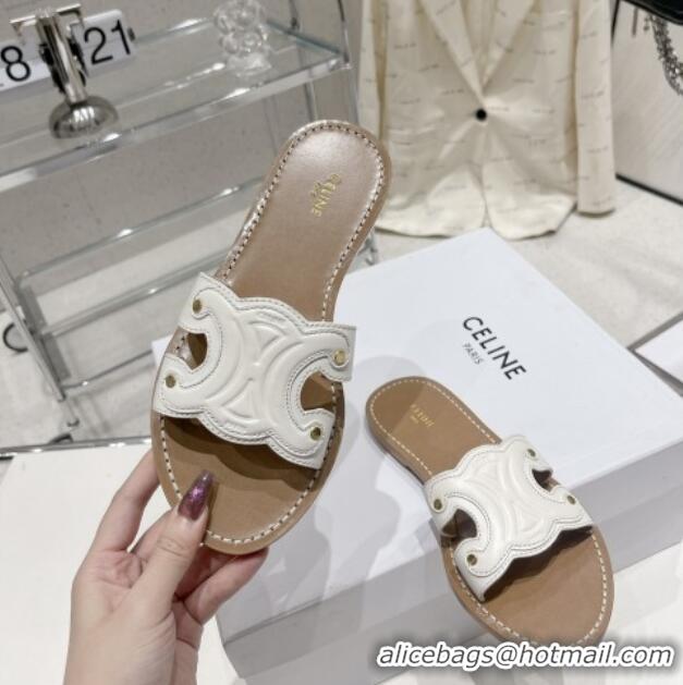 Top Grade Celine Triomphe Leather Flat Slide Sandals White 022210