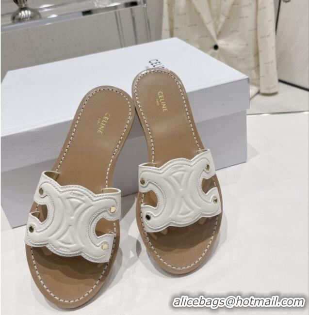 Top Grade Celine Triomphe Leather Flat Slide Sandals White 022210