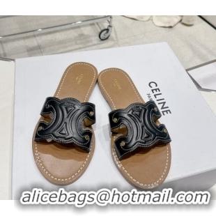 Good Looking Celine Triomphe Leather Flat Slide Sandals Black 022212