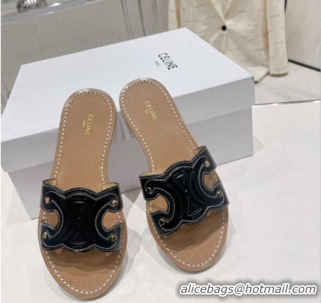 Good Looking Celine Triomphe Leather Flat Slide Sandals Black 022212