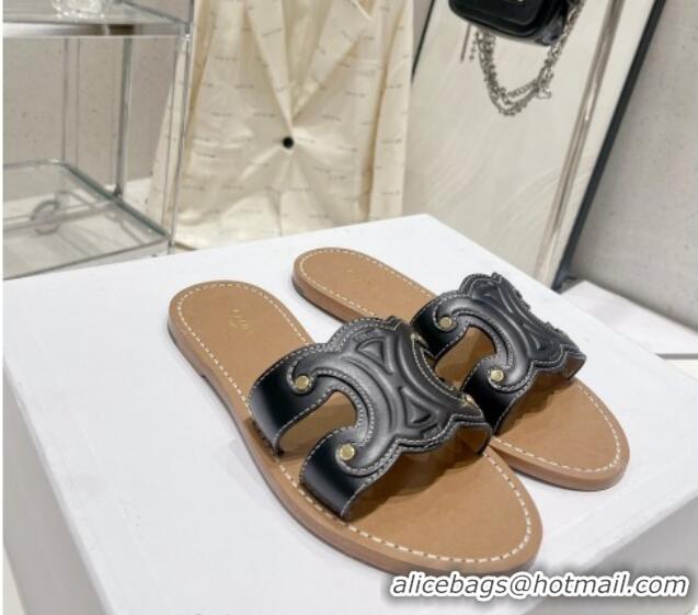 Good Looking Celine Triomphe Leather Flat Slide Sandals Black 022212