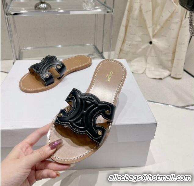 Good Looking Celine Triomphe Leather Flat Slide Sandals Black 022212