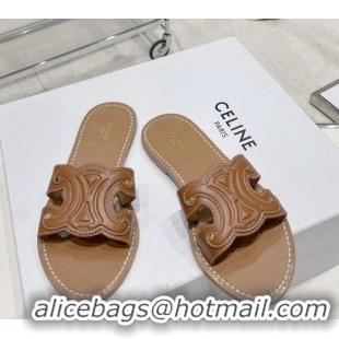 Grade Quality Celine Triomphe Leather Flat Slide Sandals Brown 022213