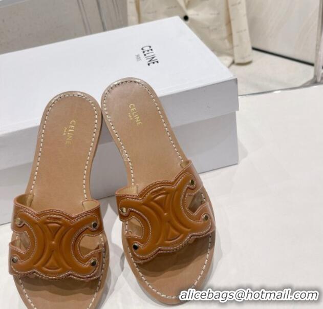 Grade Quality Celine Triomphe Leather Flat Slide Sandals Brown 022213