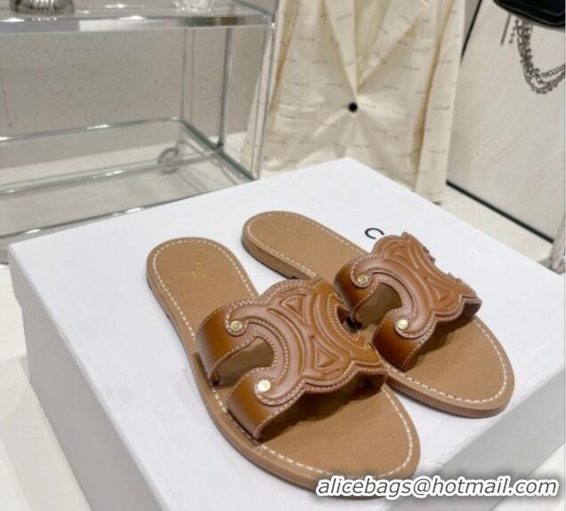 Grade Quality Celine Triomphe Leather Flat Slide Sandals Brown 022213