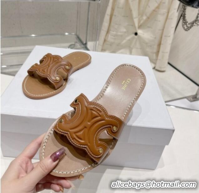 Grade Quality Celine Triomphe Leather Flat Slide Sandals Brown 022213