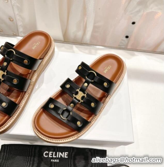 Best Product Celine Triomphe Flat Slide Sandals Black 022703