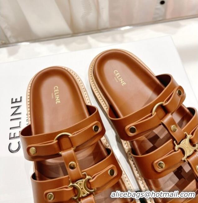 Pretty Style Celine Triomphe Flat Slide Sandals Brown 022704