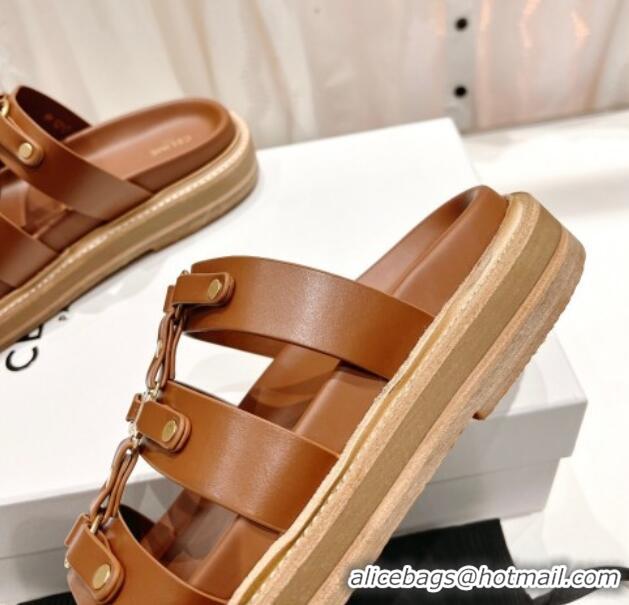 Pretty Style Celine Triomphe Flat Slide Sandals Brown 022704