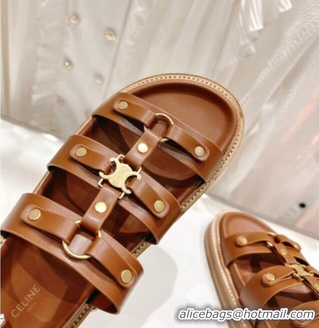 Pretty Style Celine Triomphe Flat Slide Sandals Brown 022704