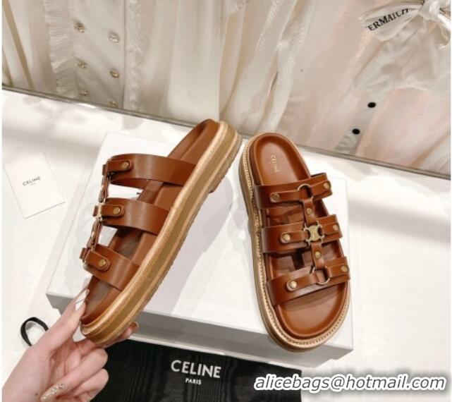 Pretty Style Celine Triomphe Flat Slide Sandals Brown 022704