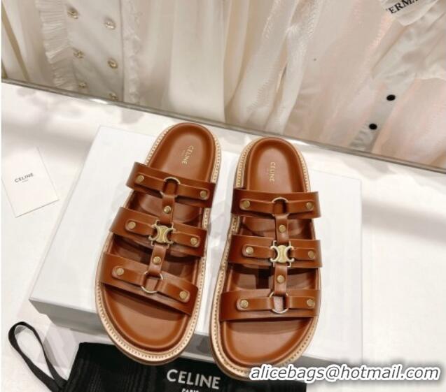 Pretty Style Celine Triomphe Flat Slide Sandals Brown 022704