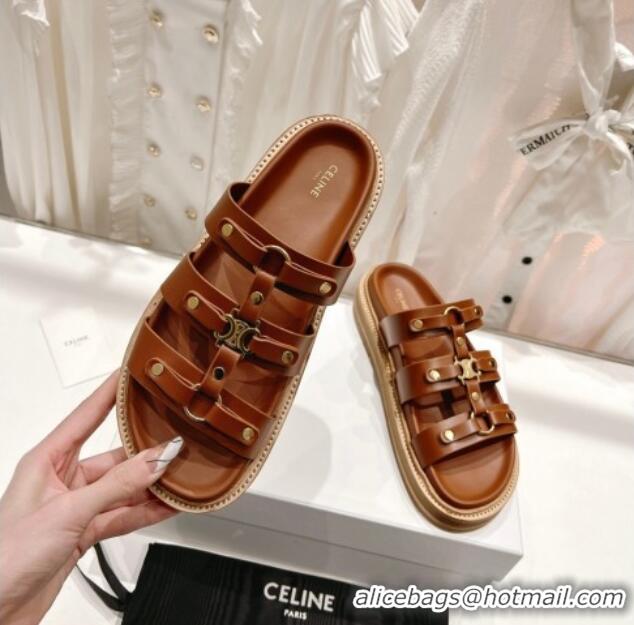 Pretty Style Celine Triomphe Flat Slide Sandals Brown 022704