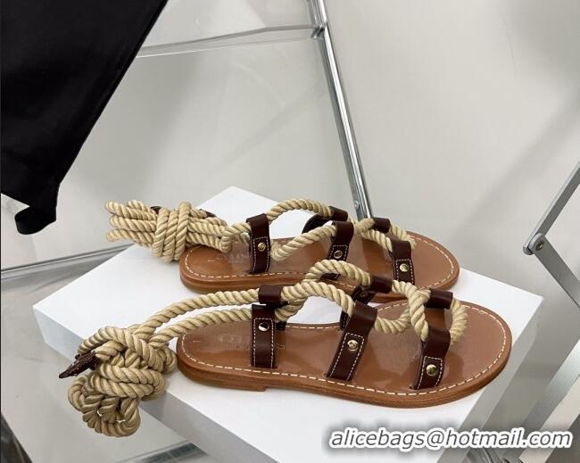 Cheap Price Celine Leather Strap Flat Sandals with Cord Lace Brown/Beige 331051