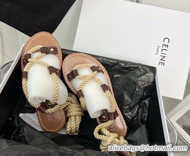 Cheap Price Celine Leather Strap Flat Sandals with Cord Lace Brown/Beige 331051