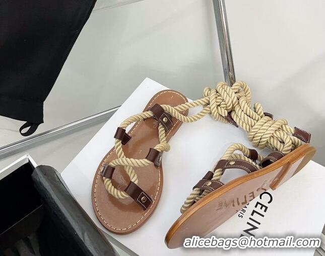 Cheap Price Celine Leather Strap Flat Sandals with Cord Lace Brown/Beige 331051