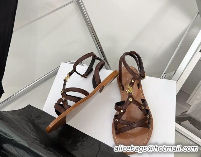 Sumptuous Celine Triomphe Leather Strap Flat Sandals Brown 331052