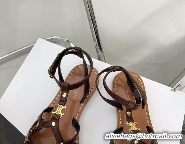 Sumptuous Celine Triomphe Leather Strap Flat Sandals Brown 331052