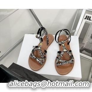 Stylish Celine Triomphe Strap Flat Sandals in Printed Fabric White/Black/Brown 331053