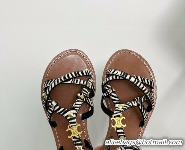 Stylish Celine Triomphe Strap Flat Sandals in Printed Fabric White/Black/Brown 331053