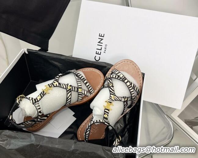 Stylish Celine Triomphe Strap Flat Sandals in Printed Fabric White/Black/Brown 331053